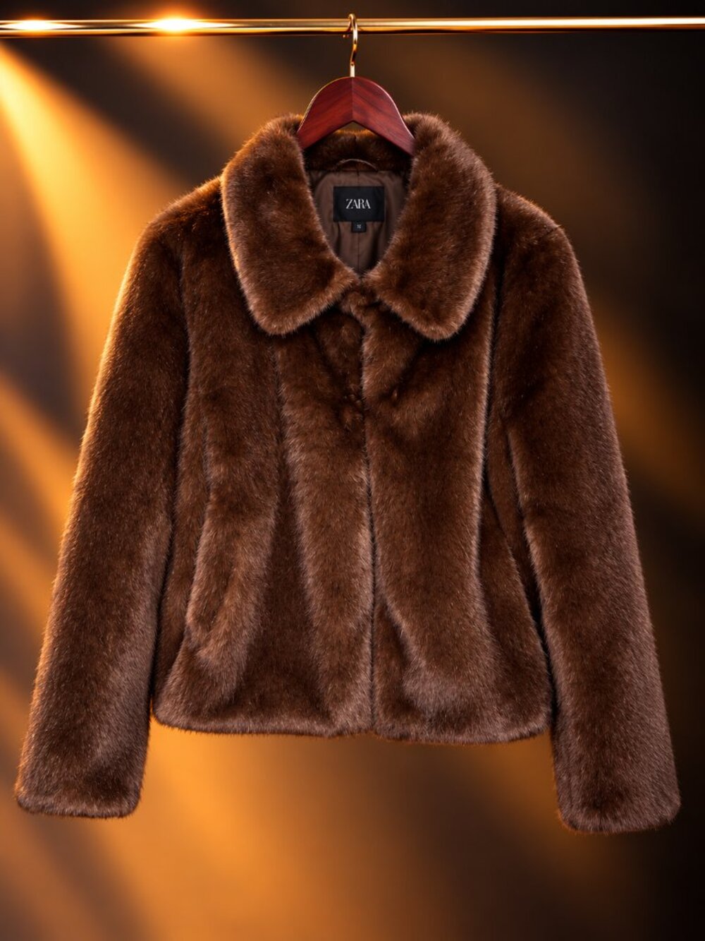 Zara Tobacco Brown Faux Fur Short Coat Spread Collar Hidden Toggles XL